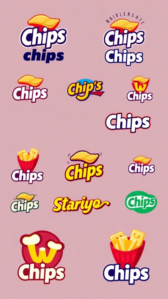 Creative Logo Design Ideas for Chips Brands Various logo designs for chips brands featuring colorful and playful elements.